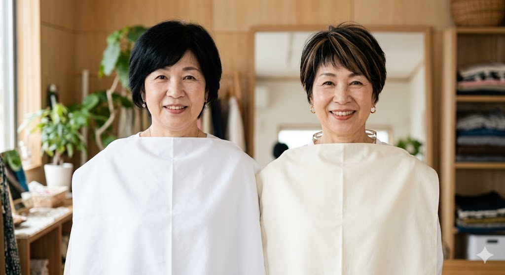 ６０歳位の女性が２人並んでいる上半身、顔の下にはパーソナルカラー診断のドレープがかけられている。一方はホワイト、もう一方は少しクリームかかった白のドレープをあてている。