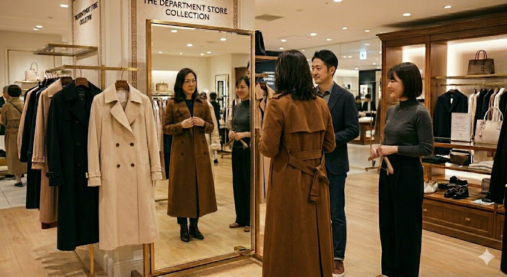 とあるショップの大きな鏡の前で40代位の女性が茶色のロングトレンチコートを試着している。 斜め横には旦那さんも立って鏡を見ている。後ろに はショップ店員の姿もある。