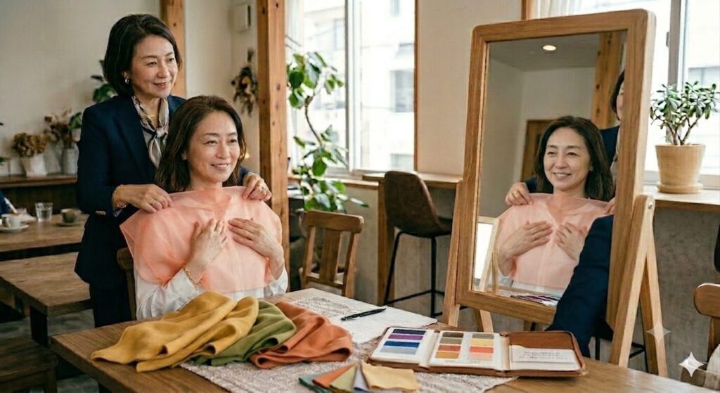 ６０歳位の女性が同じく６０歳位の先生にパーソナルカラー診断を受けている。机の上にはドレープと持ち歩きカラー診断ノートが置いてある