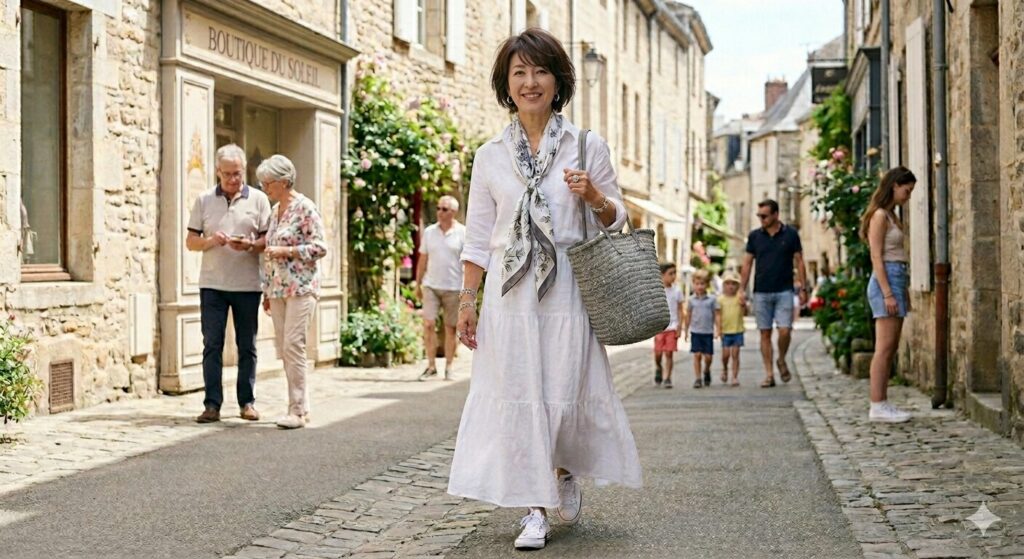 外国の石畳の通りを歩く60歳位のショートカットの女性。白シャツ白のロングスカートをフワッとは着こなしている。スニーカーをカジュアルに履いている。白シャツには白地にプリントのスカーフを着けている。