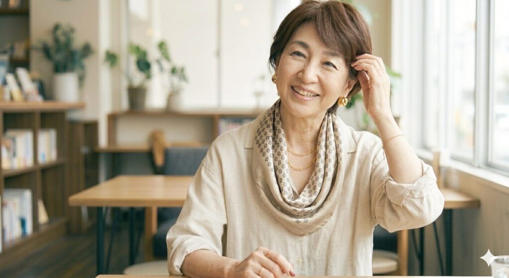 ベージュのシャツブラウスに、同じベージュのプリントがあるスカーフをした、60歳位の女性が図書館席に座り、こちらを小首をかしげて笑顔で見ている画像