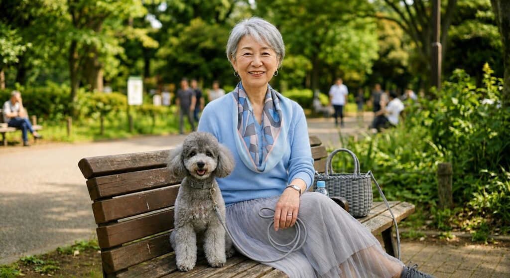 公園のベンチに60歳位の女性が座っている。隣には一緒に散歩にきた、グレーのトイプードルが座っている。女性の服装は水色のサマーセーターに、透け感のあるフワッとしたグレーのスカート。セーターには水色に幾何学模様のプリントがあるスカーフを着けている