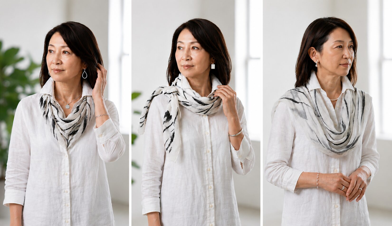 麻の白いシャツにモノトーンのスカーフを着けた、６０歳位の女性の３枚の画像。スカーフの着け方の違いが３タイプ表現された画像