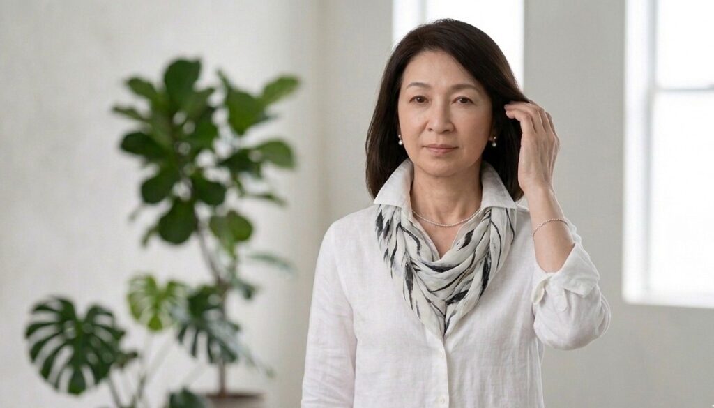 窓辺に立つ６０歳位の女性の上半身の写真　ダークブラウンのボブヘアーの髪に手を添えている。ファッションは綿麻素材のような白シャツのVゾーンに、白地にグレーのプリントのスカーフを入れ込んでいる