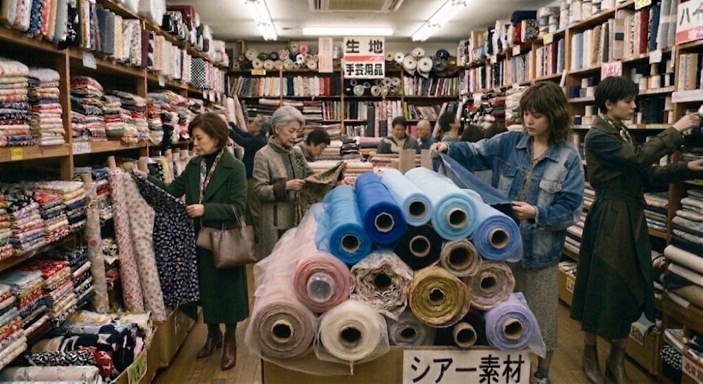 手芸店の生地売り場。四方八方に所狭しと反物が積まれ、棚には沢山の種類の生地がびっしりと置いてある。その中で沢山のお客さんが生地を手取って見たり、探したりしている。