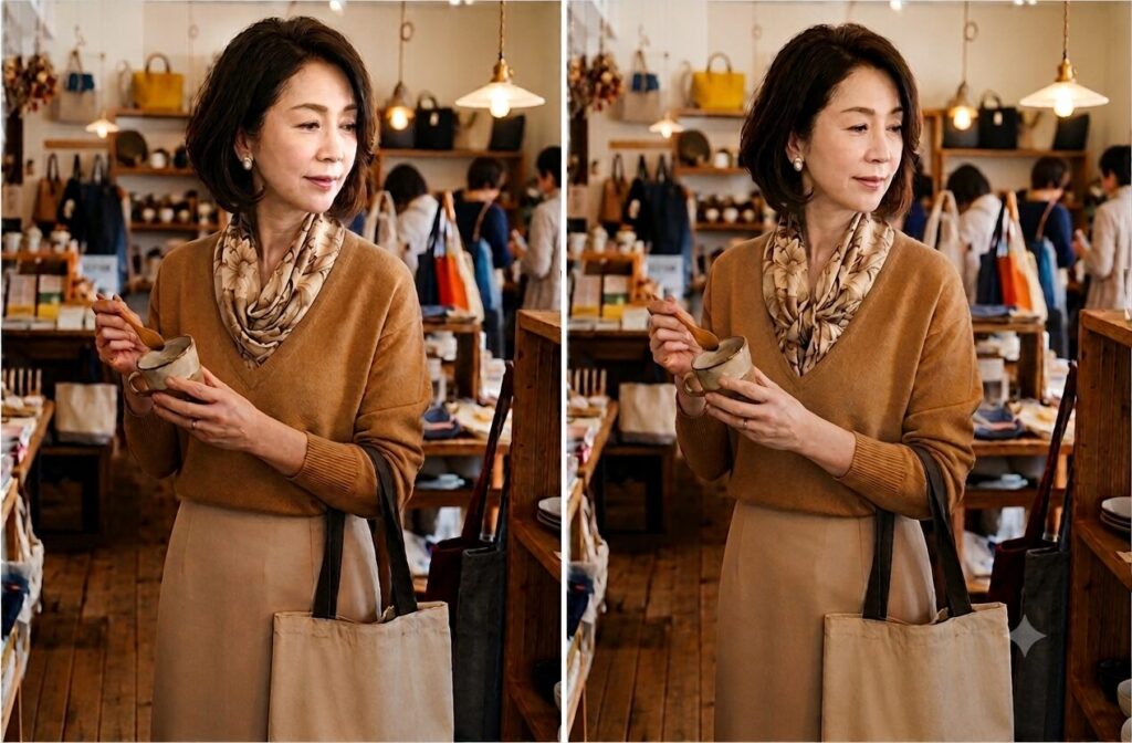 雑貨店でマグカップを手に取っている６０歳位の同じ女性の写真が2枚並んでいる。どちらもモカブラウンのＶセーターにベージュのタイトスカートをはいている。そのＶセーターにスカーフを入れ込んでいるが、入れ方に違いがある。模様は茶とベージュの柔らかい花柄模様のもの