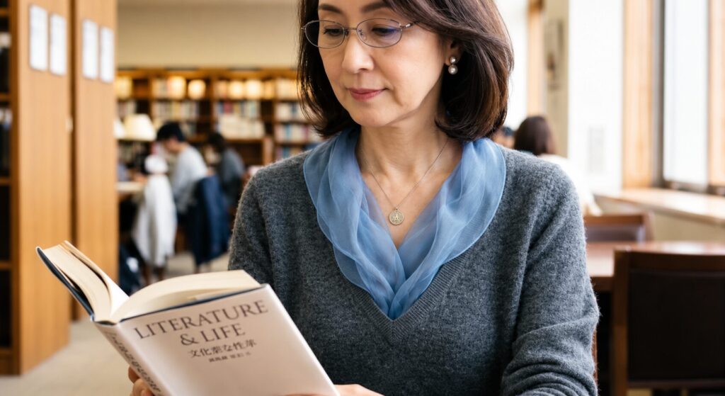 図書館で本を読んでいるメガネをかけた６０歳位の女性。髪はダークブラウンでグレーのＶセーターを着ている。そのＶのところにシアー素材のブルーの無地のスカーフをフンワリと入れ込んでいる。