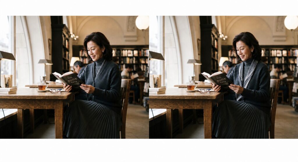 ６０歳位の同じ女性の写真が2枚並んでいる。どちらも図書館で本を読んでいる写真。どちらもチャコールグレーのアンサンブルを着ているが、一方はカーディガンのVにスッキリとスカーフを入れ込んでいる。もう一方は、フンワリとVに入れ込んでいる。