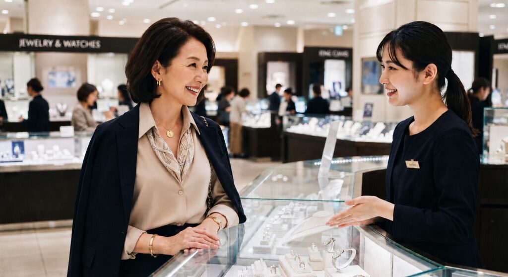 デパートのショウケースの前で店員と笑顔で話す、６０歳位の女性。髪はダークブラウン。ベージュのシャツに、白地にベージュの幾何学模様のスカーフを入れ込んでいる。肩には黒のカーディガンを袖を通さず掛けている