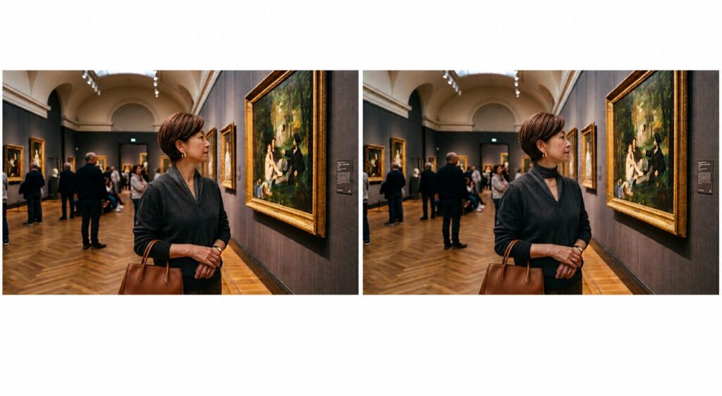 美術館で絵画鑑賞をしている、６０歳位の女性の同じ写真が2枚並んでいる。どちらも、 チャコールグレのＶセーターにチャコールグレーのタイトスカートをはいている。Ｖセーターにはスカーフをしている。左側の方はＶセーターに沿うように入れ込んでいる。右側は、首にネックレスのように一巻してから両端をＶセーターに沿って入れ込んでいる。とてもスタイリッシュで洗練されている。