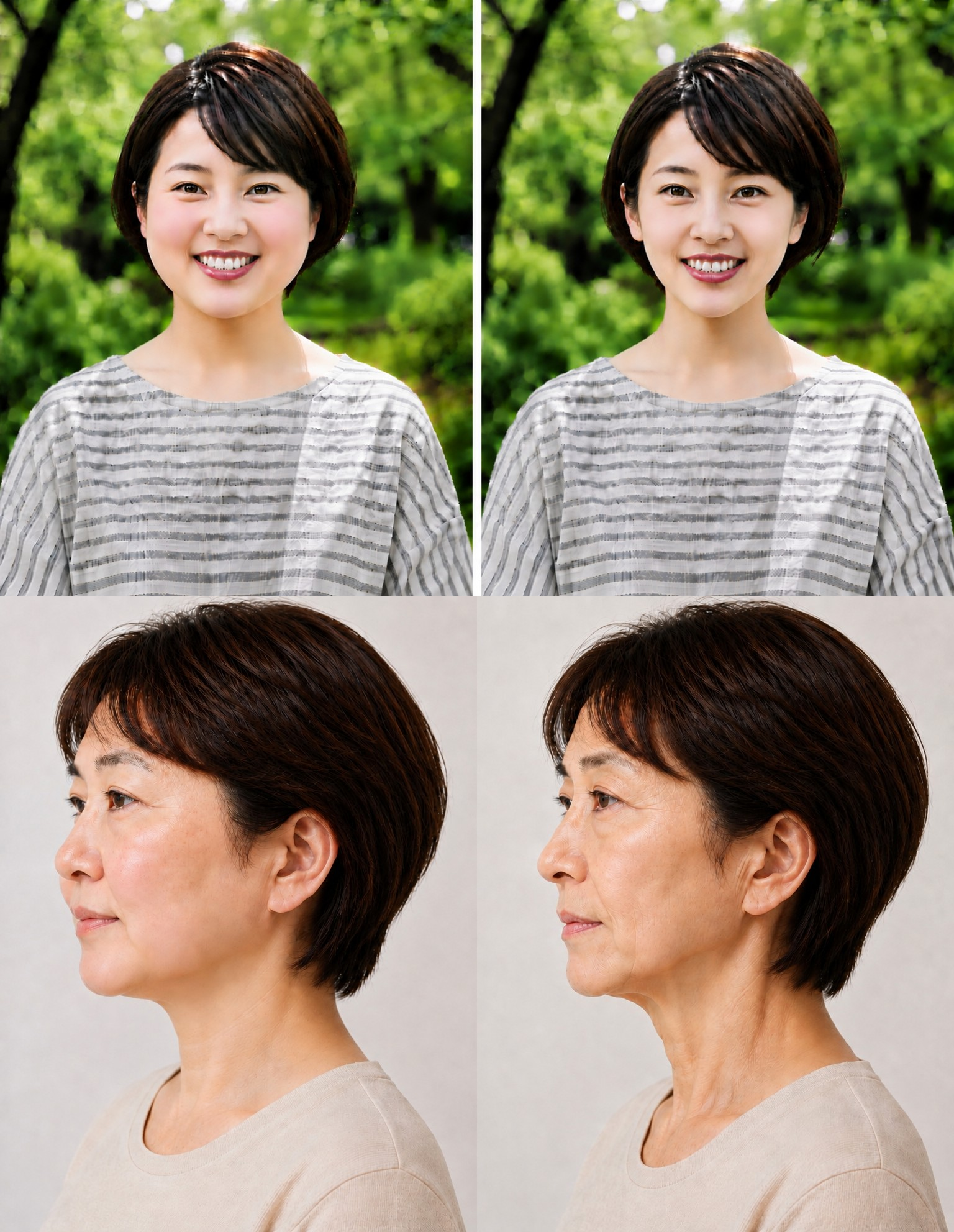 20代の女性が２人横に並んでいる。左側は頬がとてもぽっちゃりしている。右側のもう1人は頬に全く脂肪がなくスッキリした顔 その2枚の下に６０代の女性が２人並んでいる画像。 左側は上の20代の女性が６０代になった時の顔で少しふっくらとして健康的な見た目。右側は上の右側の女性が６０代になった時の顔で痩せこけて疲れたようなイメージがある。