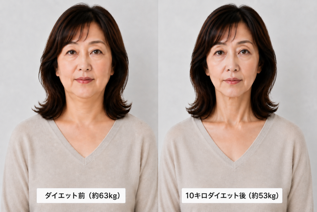60代の女性のダイエット前とダイエット後の上半身の画像。右側の63kgから53kgに落としたダイエット後はの画像は、目の下のクマや肌のハリがなくなり、疲れたような顔つきに変化ししている
