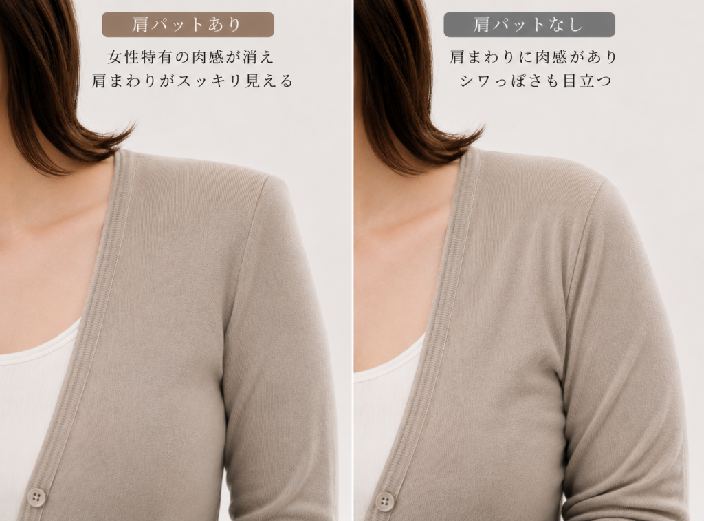 白のタンクトップにベージュのカーディガンを着た、同じ女性の上半身の左半分が2枚並んでいる。顔は写っていない。右側の画像は腕や脇の下に妙なカーディガンのシワが寄っている。左側は付けていると分からないパットを付けているので、肩の丸みが消えてスッキリし、腕や脇の下の妙なシワもよらなくなっている。
